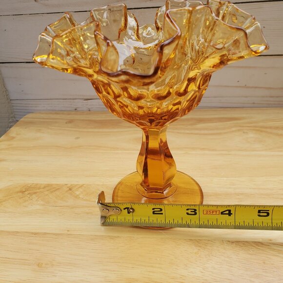 Vintage Fenton Amber Thumbprint Glass Compote Dish With Ruffled Edges 1960s MCM - Picture 6 of 8